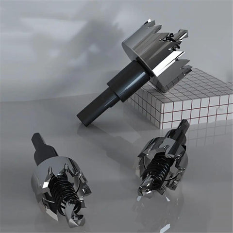 HSS Hole Saw Drill Bit Set For Stainless Steel And Wood, 15 To 50 Mm Range with three carbide hole saws on reflective surface.