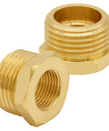 Front view of two brass garden hose reducer adapters, 3/4 GHT male to 3/8 NPT female, 2-pack