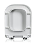 Premium White Elongated Square Front Soft Close Toilet Seat showing the top view with quick release hinges, easy clean design.