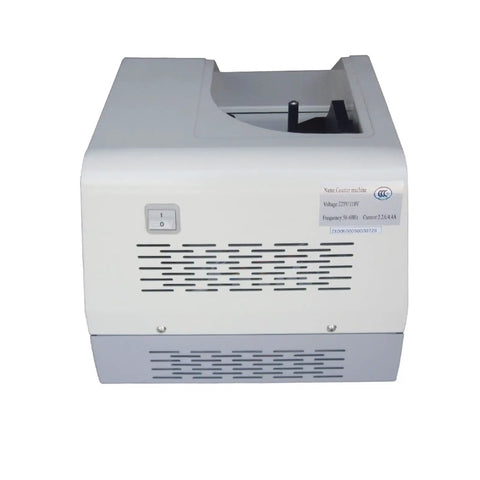 Stack Swiper Money Counter Machine That Flips Through Bills Fast With Quiet Vacuum Feeder And Crisp Digital Display back view with power switch and vents