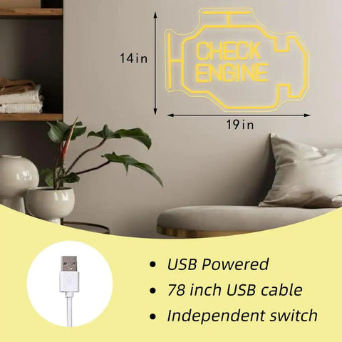 Lit Neon Signs For Wall Decor Large LED Neon Light Sign in 'Check Engine' shape, 19x14 in, USB powered for home or office