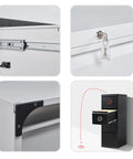 Close-up of Modern Minimalist Four Drawer File Cabinet with lock, hinge detail, and open drawer showcasing durable metal design.