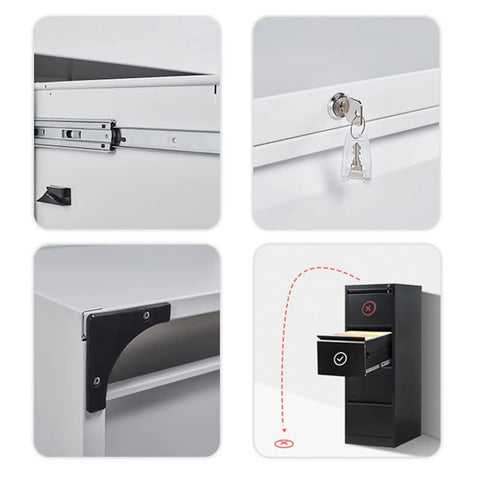 Close-up of Modern Minimalist Four Drawer File Cabinet with lock, hinge detail, and open drawer showcasing durable metal design.