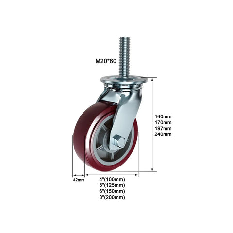 Top Shelf 4 Inch PU Swivel Caster Wheels With Brake 4 Pack Heavy Duty Rubber Rolling Casters M20 Stem, detailed view of caster dimensions.