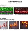 Installation options for LED neon signs with chains and standoff bolts displayed in various settings.