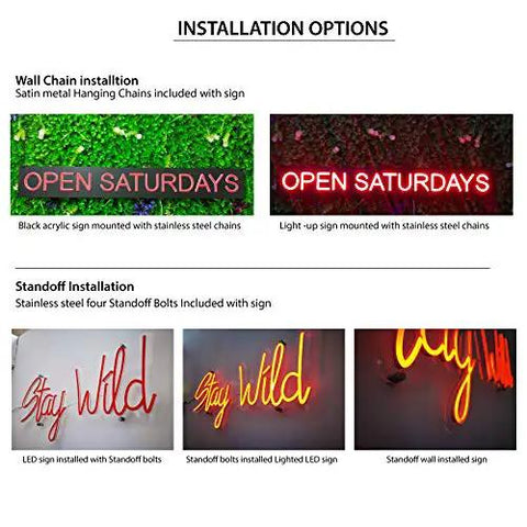 Installation options for LED neon signs with chains and standoff bolts displayed in various settings.