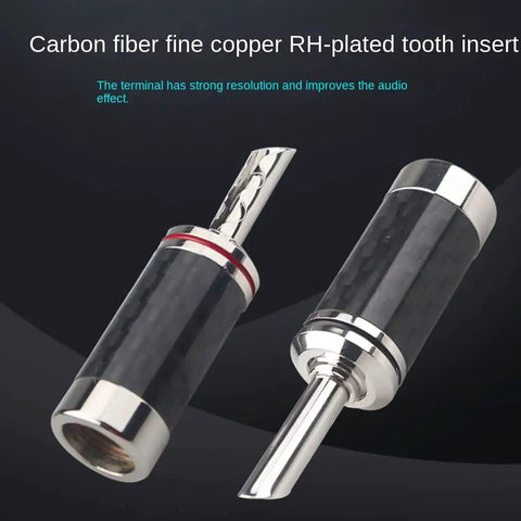 Top Shelf Banana Plugs Quad Pack With Secure Screw Lock Mechanism And Smooth Carbon Fiber Shell For Crisp Signal Transfer Heavy Brass Terminals Provide Strong EMI Shielding For Up To Forty Five Millimeter Speaker Hookup, close-up view of carbon fiber tooth insert.