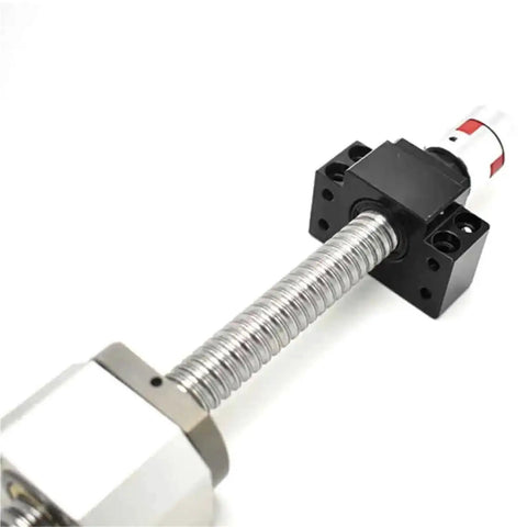 Top Shelf C5 SFU2005 Ball Screw Kit Matched With Solid BK And BF Housing Brackets To Drive Butter Smooth 3D Printer Mods And Beefy CNC Routers While Keeping Setup Dead Simple At 1600mm Length, showing close-up of screw and black housing bracket.