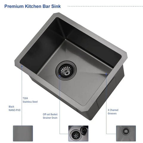 Undermount Bar Sink 12x16 Inch Deep Black 16 Gauge Stainless Steel Single Bowl With Bottom Grid And Drain Assembly, top view
