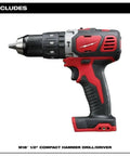Heavy Duty Compact Hammer Drill Driver With Beefy 500 In Lbs Torque Output And Zero To One Eight Hundred Rpm Settings Featuring All Metal Gearcase Cordless Bare Tool Built Tough For Professional Jobsites, side view of compact hammer drill.