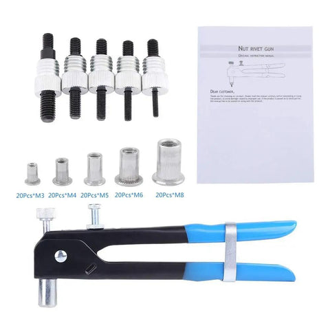 Ultimate Xyntor Rivet Nut Kit With 100 Aluminum Inserts M3 To M8, Complete Tool Set For Solid Metal Fastening, DIY Heroes And Auto Pros Love This Durable Threaded Insert Gear For Any Heavy Haulin Job, with rivet gun, mandrel set, and manual