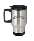 RC Plane Travel Mug For Coffee Nerds, 14 Oz Stainless Steel With Easy Grip Handle And Thumb Rest, humorous RC pilots text on mug