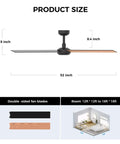 Product size details for Modern 52" Indoor Ceiling Fan with LED Light Kit, Reversible DC Motor, Double-Sided Plywood Blades & 3-Color Dimmable Lighting.