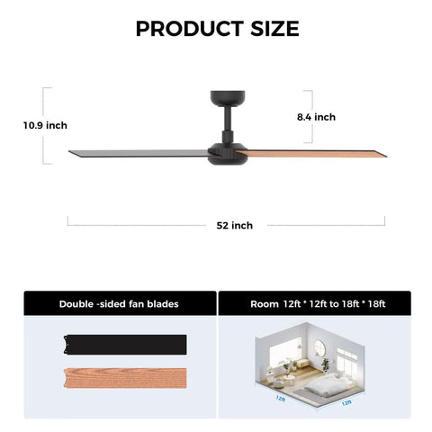 Product size details for Modern 52" Indoor Ceiling Fan with LED Light Kit, Reversible DC Motor, Double-Sided Plywood Blades & 3-Color Dimmable Lighting.