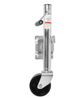 Heavy Duty 1500 Lb Trailer Jack With 6 Inch Dual Wheels Adjustable Swivel Base shown from side with galvanized steel construction.