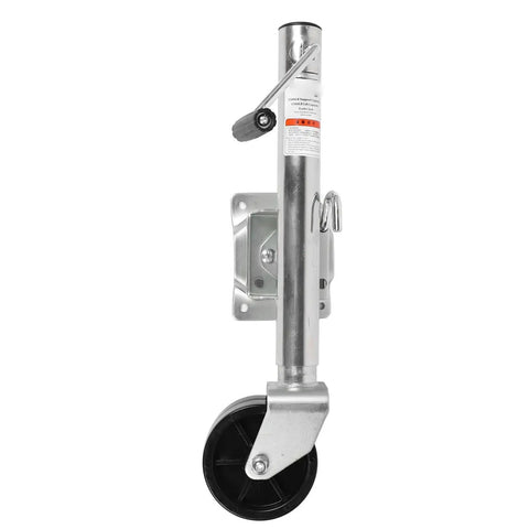 Heavy Duty 1500 Lb Trailer Jack With 6 Inch Dual Wheels Adjustable Swivel Base shown from side with galvanized steel construction.