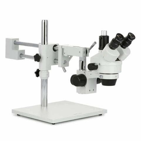 Trinocular Zoom Microscope With 3.5X To 180X Magnification, 144 LED Ring Light, 18MP USB 3.0 Camera, A Real Workhorse Stereo Microscope For Biology, Electronics, QC, And Detailed Inspections on stand