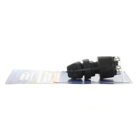 Side view of OEM 77 Series Outboard Ignition Key Switch for Evinrude, showing short stem and plastic housing on packaging