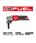M12 Fuel 16 Gauge Variable Speed Nibbler with cordless design for clean cuts in metal, shown with brand logo and key features text.