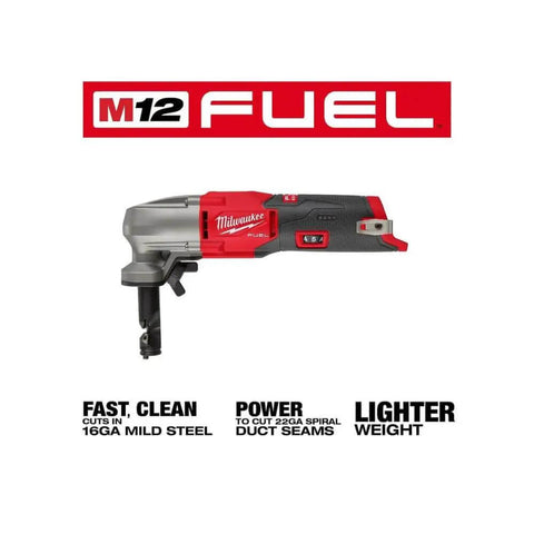 M12 Fuel 16 Gauge Variable Speed Nibbler with cordless design for clean cuts in metal, shown with brand logo and key features text.
