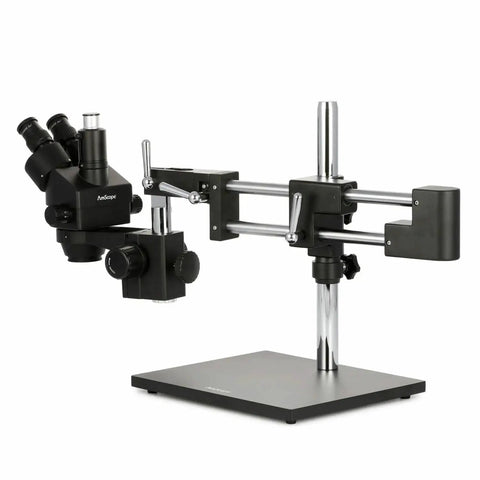 SM-4TZ-B 90X Trinocular Stereo Zoom Microscope With Double Arm Stand 3.5X To 90X Zoom Super Widefield Optics For Crystal Erect Images Black Finish