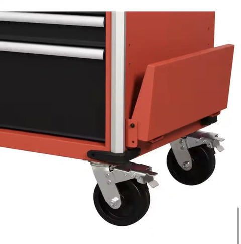 Close-up of the Slick Roll Casters on the Shop Workhorse 10 Drawer Rolling Tool Chest Cabinet, showcasing durability.