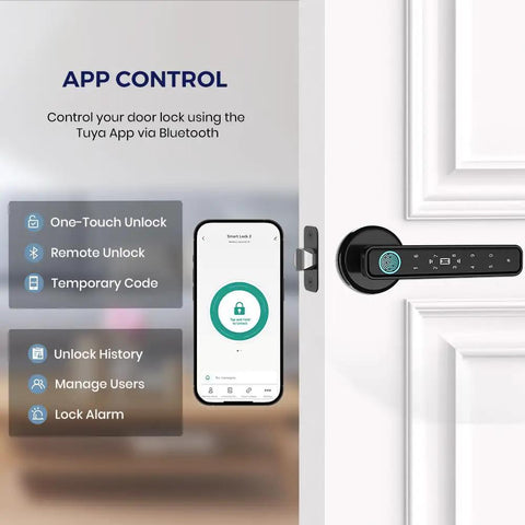 Top Shelf Smart Door Knob With Fingerprint Sensor And Bluetooth Keypad No Drama Keyless Entry Lock Linked To Smartphone App Passwords And Ic Cards For Bulletproof Home Security Daily with app control screen.