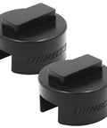 Two black rubber round jack pad adapters with square top for BMW/Mini frame rails; 2-pack, URMECO branding visible