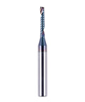 SpeTool carbide O-flute spiral router bit, front view, 1/8 in cutting diameter, 1/4 in shank, blue-coated.
