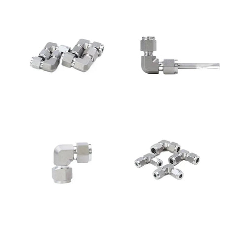 90 Degree Elbow Pipe Fitting 1/16 To 1 Inch Tube OD Compression Union In SUS316L Stainless Steel displayed in various orientations.