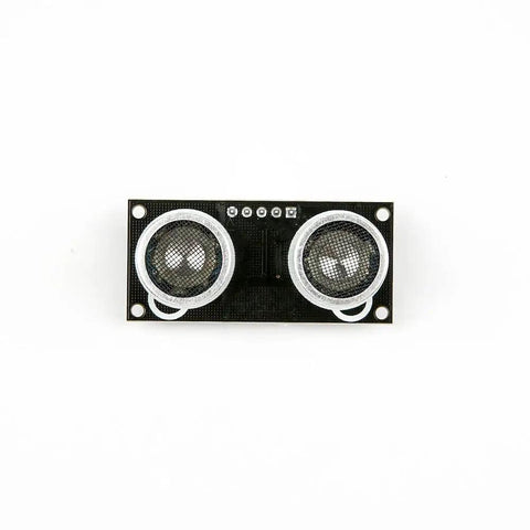 Front view of HC-SR04 Ultrasonic Sensor With RGB LED Indicator Module featuring two circular sensors on a rectangular black frame.