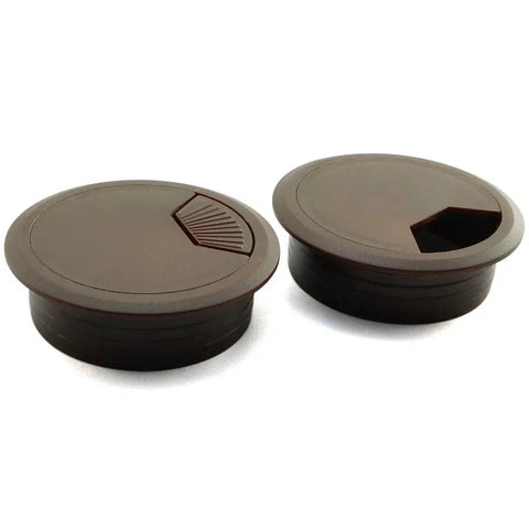 Super Slick Two Inch Desk Cable Grommet Covers Banish Snarled Wires And Keep Your Home Office Looking Snazzy Reliable Abs Plastic Cable Hole Plugs For Workstations Dark Brown Pair displayed side by side.