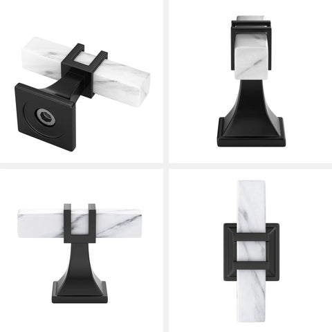 Ten Pack White Marble Grain Kitchen Cabinet Knobs with Black T Bar Hardware shown in various angles