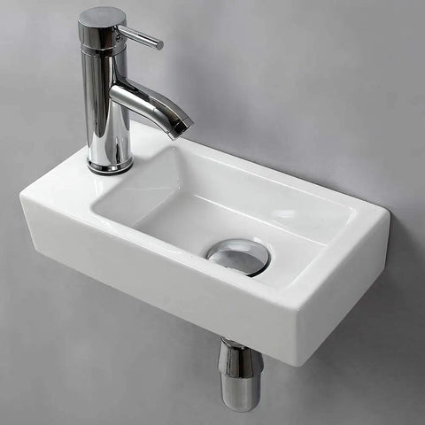 Wall Hung Cloakroom Basin Sink Small Rectangle Ceramic Wash Basin White High Gloss Finish Right Hand Tap Hole 365x185x90 mm