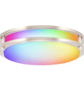 12 Inch LED Smart Flush Mount Ceiling Light With 20W Tunable White 2700K To 6500K RGB Color Nickel Satin Finish showing colorful glow