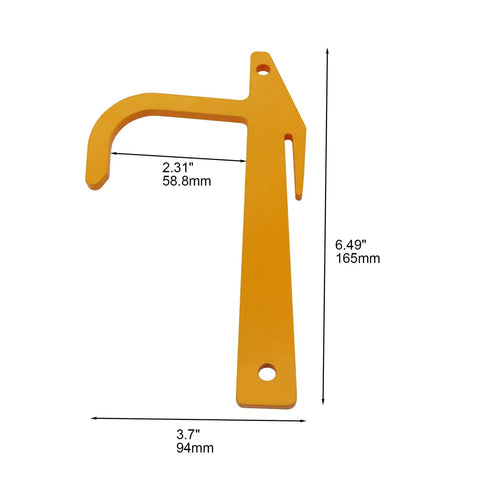 Chain Link Banana Clip Tool Pack For Fence Installation, yellow metal banana clip with dimensions marked
