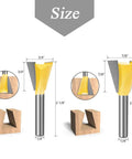 Shop Tested Six Piece Dovetail Router Bit Set Featuring One Quarter Inch Shank And Cutting Widths Spanning A Quarter To Seven Eighths Inches crafted from tungsten carbide shown with size measurements.