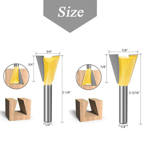 Shop Tested Six Piece Dovetail Router Bit Set Featuring One Quarter Inch Shank And Cutting Widths Spanning A Quarter To Seven Eighths Inches crafted from tungsten carbide shown with size measurements.