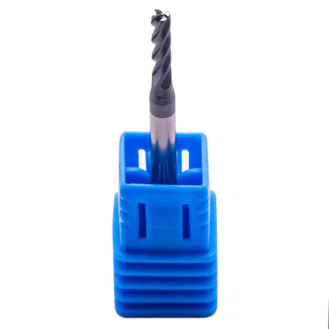 Solid carbide end mill in a blue plastic holder, 3/32 inch diameter, AlTiN coated, 4-flute
