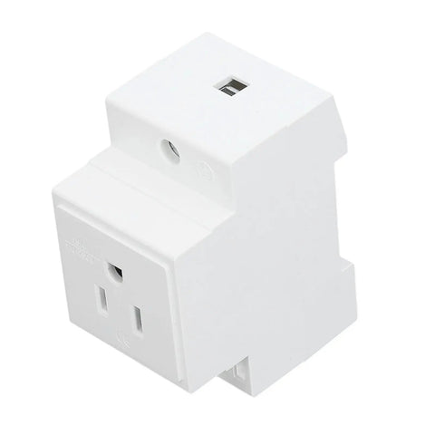 Built Like A Tank Din Rail Power Outlet Socket with flame retardant nylon housing, featuring AC plug for 110 to 250 volt systems.