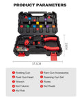 Heavy Duty Rivet Nut Tool Kit With Ergonomic Handle For Sheet Metal And Auto Jobs. No Tool Change Needed. Tough Steel Build Includes 10 Rivets And Nuts Plus Sturdy Case. open case with rivet gun, 23cm by 37.5cm, accessories and fasteners