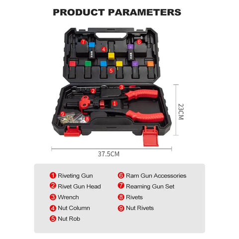 Heavy Duty Rivet Nut Tool Kit With Ergonomic Handle For Sheet Metal And Auto Jobs. No Tool Change Needed. Tough Steel Build Includes 10 Rivets And Nuts Plus Sturdy Case. open case with rivet gun, 23cm by 37.5cm, accessories and fasteners