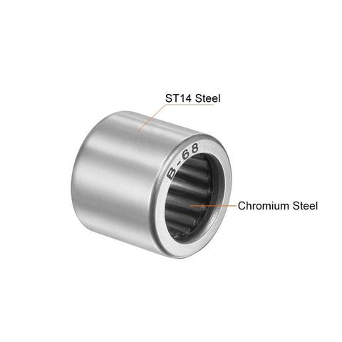 uxcell B68 needle roller bearing, open drawn cup, chrome steel inner race, ST14 steel outer body