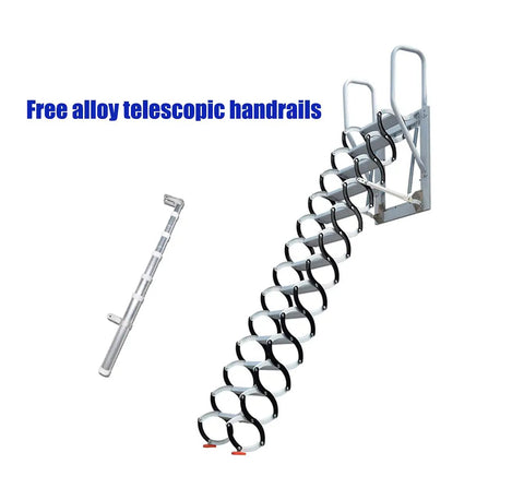 Electric Attic Stairs With Remote Control Wall Mounted Retractable Step Ladder Built Like A Tank Non Slip Pedals shown with handrails.