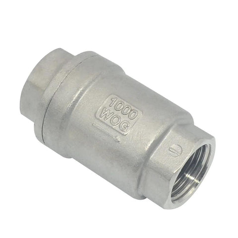 Inline stainless steel check valve, NPT female, 1/2", spring-loaded, 1000 WOG
