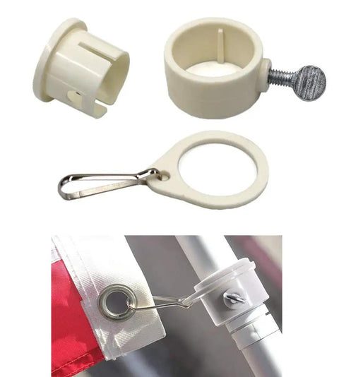 Ditch The Tangle Knot To The Curb With This Slick 360 Rotating Flag Pole Mounting Ring Clip Built For No Sweat Assembly And Bright Yard Showcase All Season Long, showing white plastic mounting rings and clips.