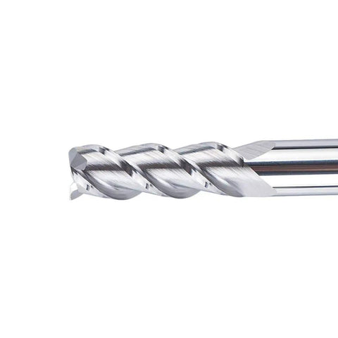 Close-up of Aluminum CNC End Mill With One Quarter Inch Shank And One Quarter Inch Cutting Diameter, showcasing three flutes and upcut design.
