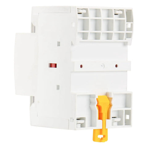 Side view of 4 Pole Modular Contactor 120V AC 40A Heavy-Duty With 4NC Normally Closed Contacts, DIN Rail Mount.