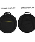 Chuck Your Gear Inside This Heavy Duty Portable Cymbal Bag With Side Pocket And Thick Cotton Padding, front and back display of black bag.
