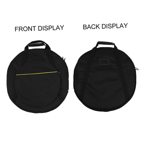 Chuck Your Gear Inside This Heavy Duty Portable Cymbal Bag With Side Pocket And Thick Cotton Padding, front and back display of black bag.
